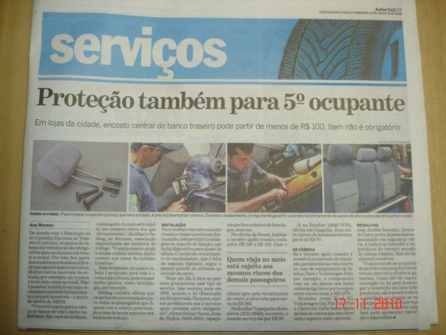 Matéria Jornal do Carro proteção ao quinto ocupante,reportagem feita em nossa loja.